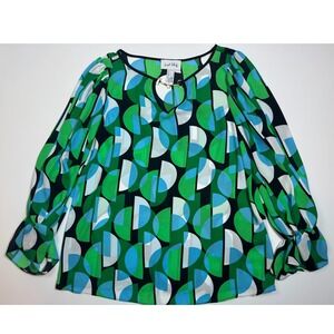 Joseph Ribkoff Green Blue Print Horsebit Keyhole Boutique Preppy Resort Shirt 10
